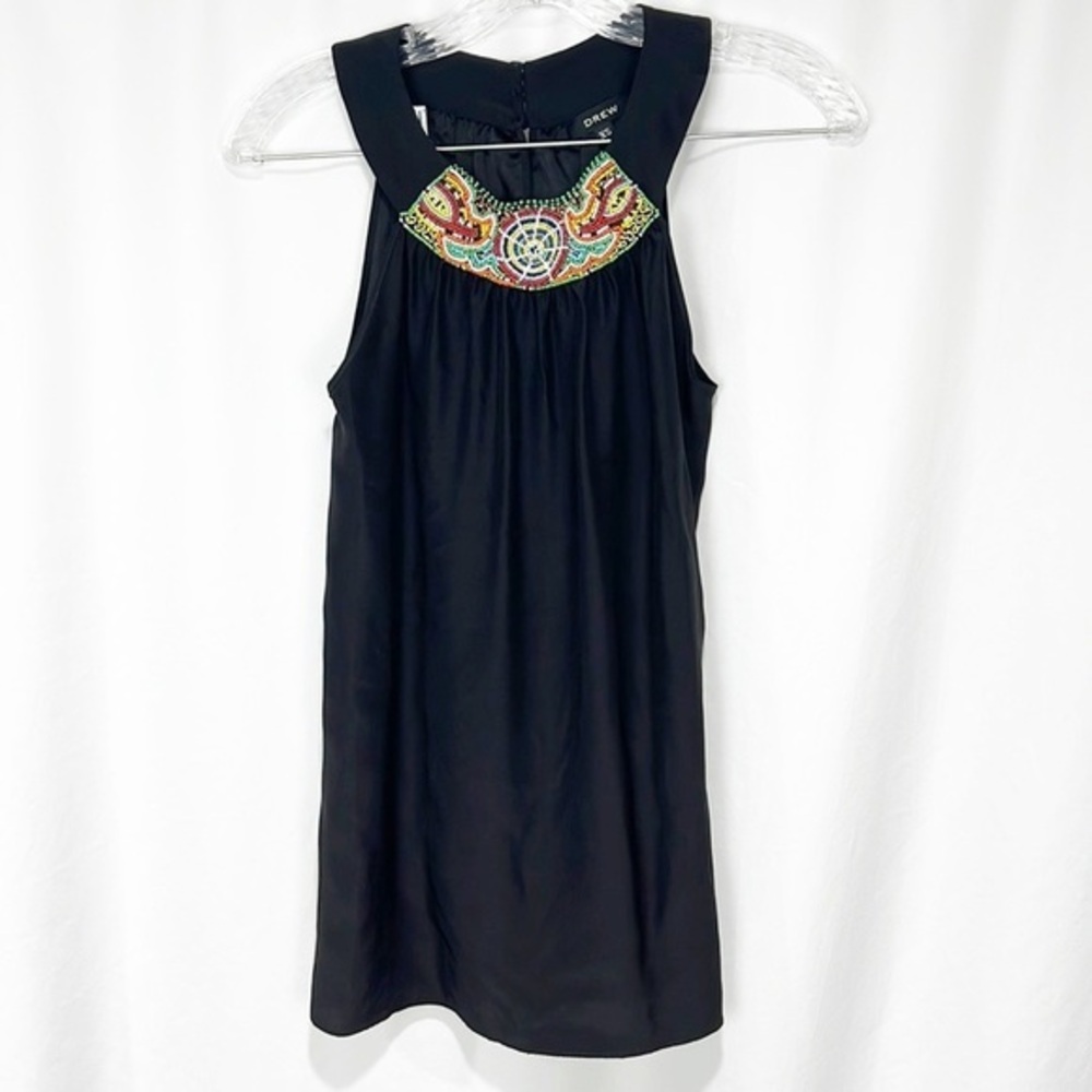 DREW Black Silk Sleeveless Blouse with Beaded Yolk Neck Collar XS